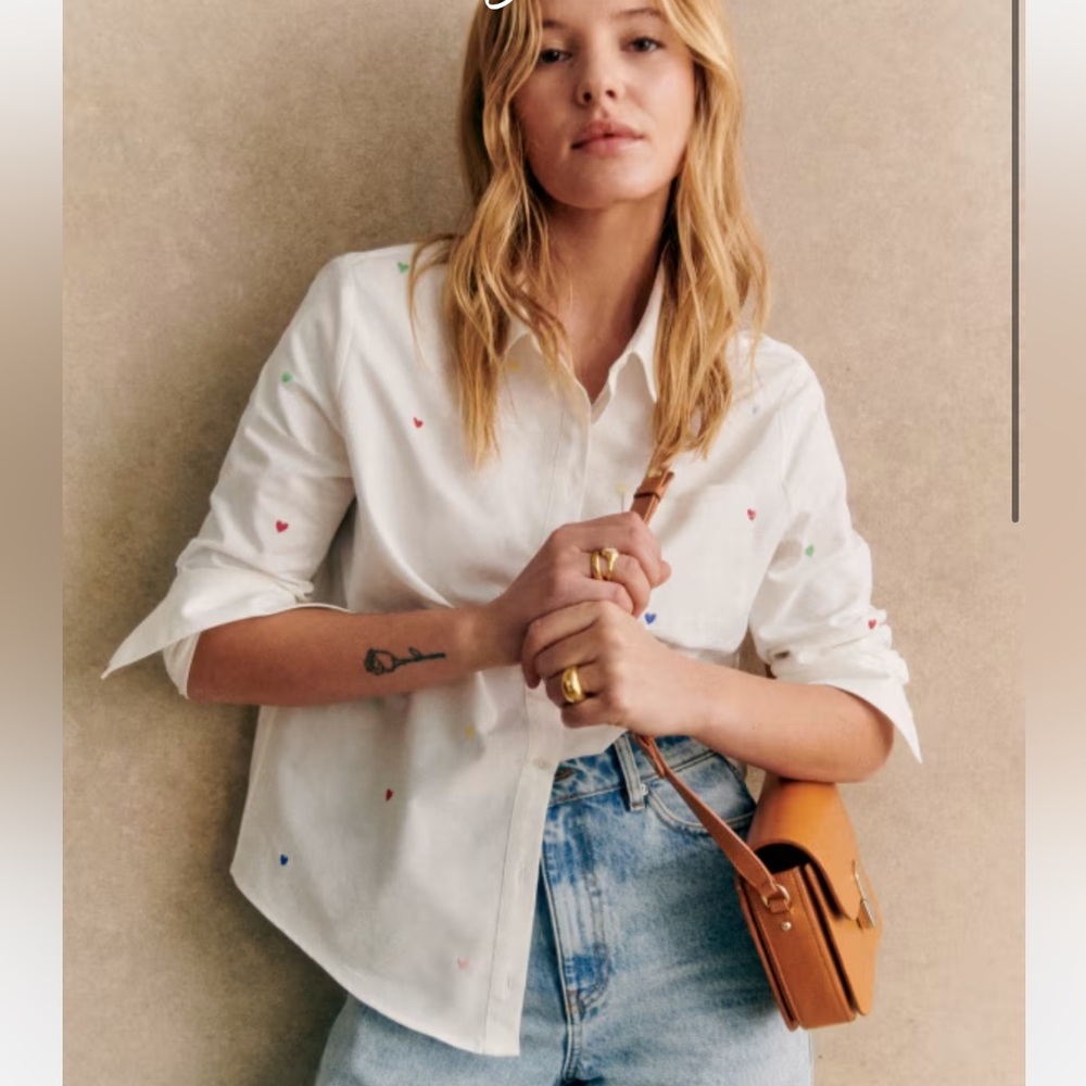 Sezane Tomboy Shirt in Embroidered Hearts